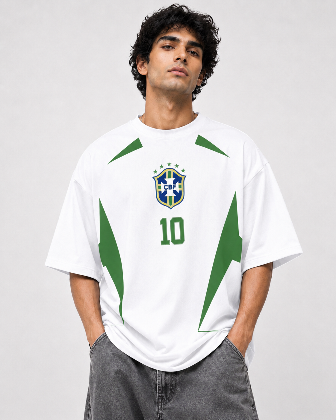 🇧🇷 BRAZIL NO. 10 OVERSIZED FOOTBALL T-SHIRT – WHITE EDITION