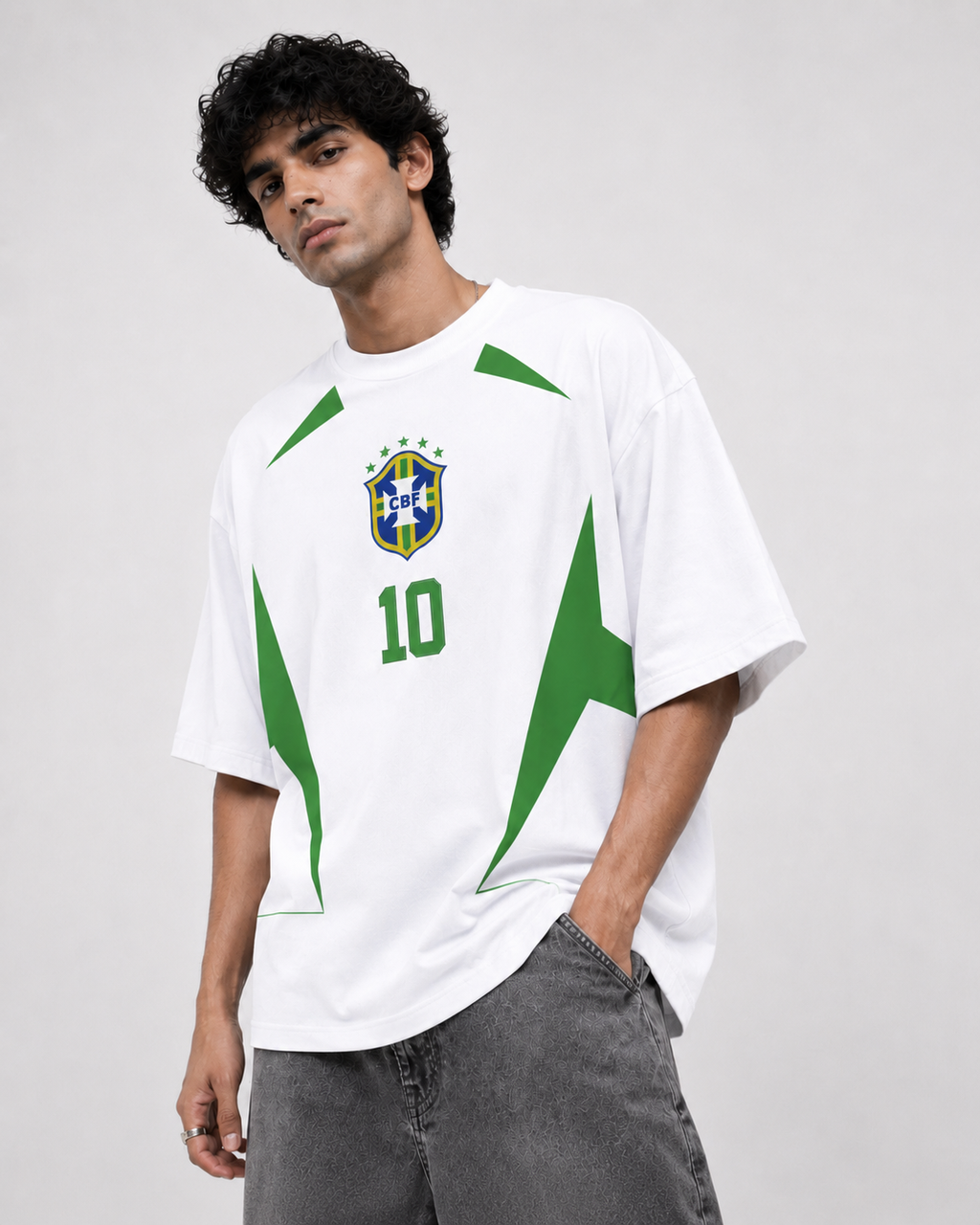 🇧🇷 BRAZIL NO. 10 OVERSIZED FOOTBALL T-SHIRT – WHITE EDITION