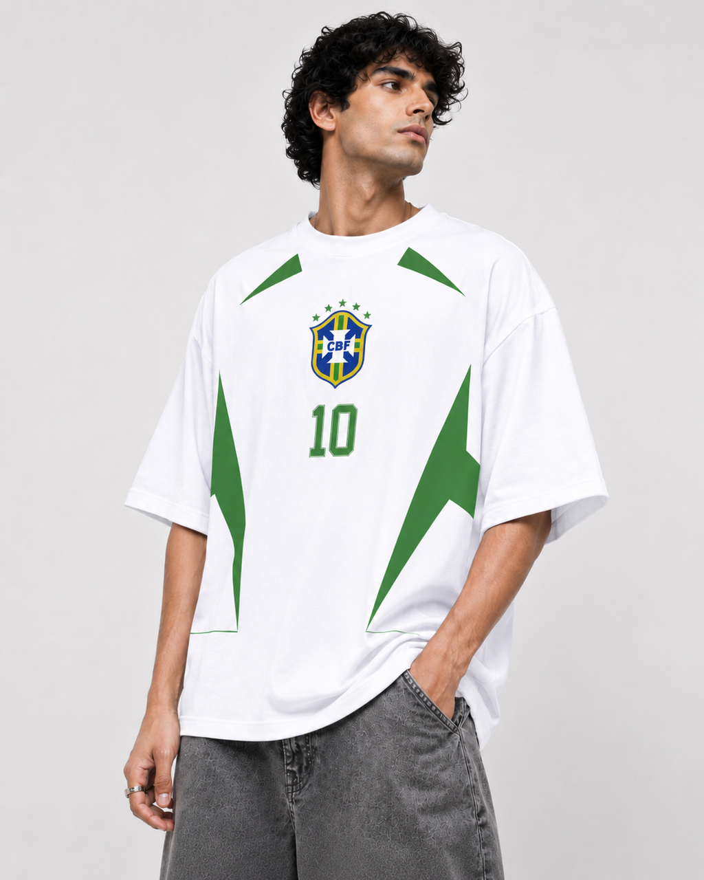 🇧🇷 BRAZIL NO. 10 OVERSIZED FOOTBALL T-SHIRT – WHITE EDITION