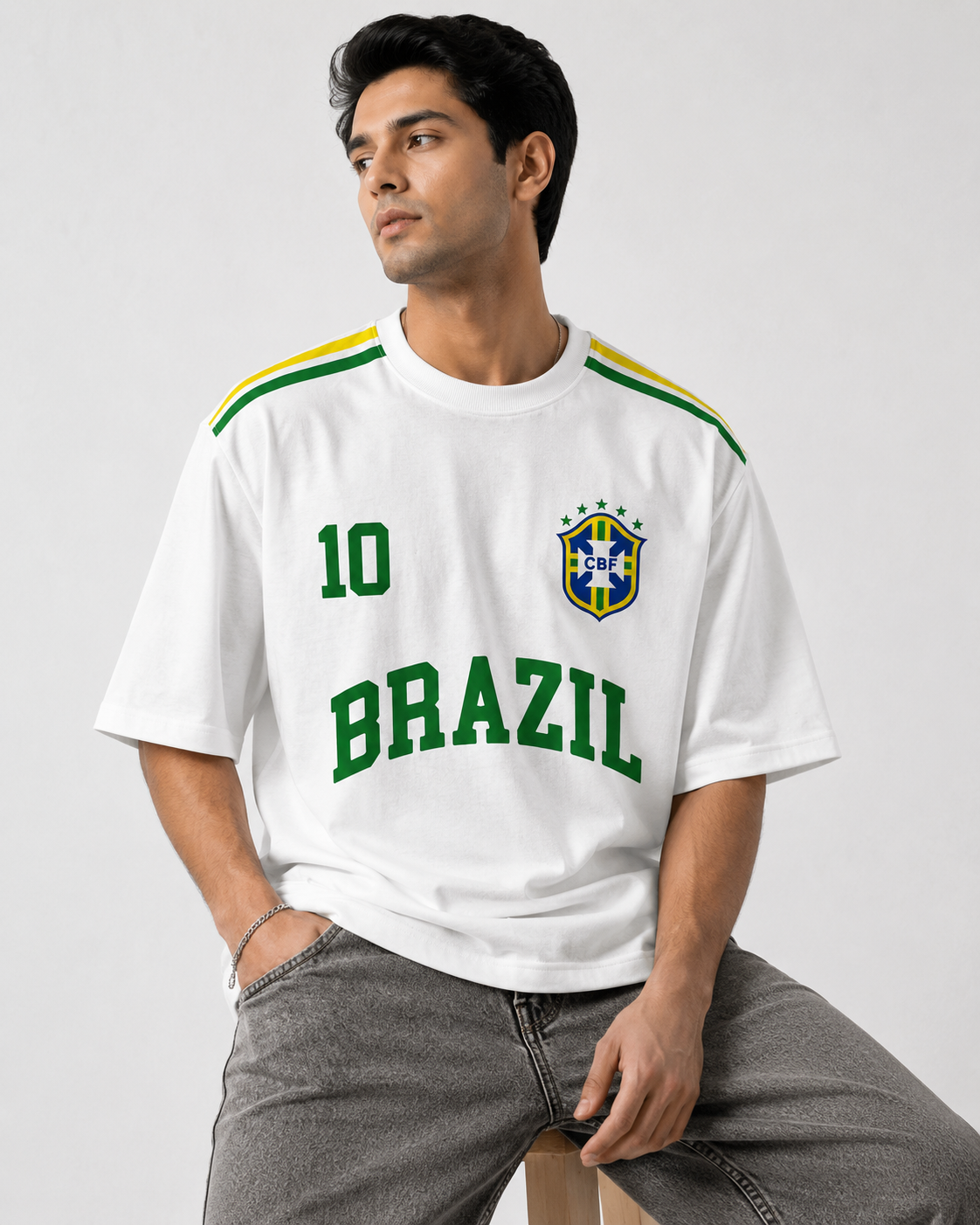 🇧🇷 BRAZIL NO. 10 OVERSIZED FOOTBALL T-SHIRT – WHITE CLASSIC EDITION