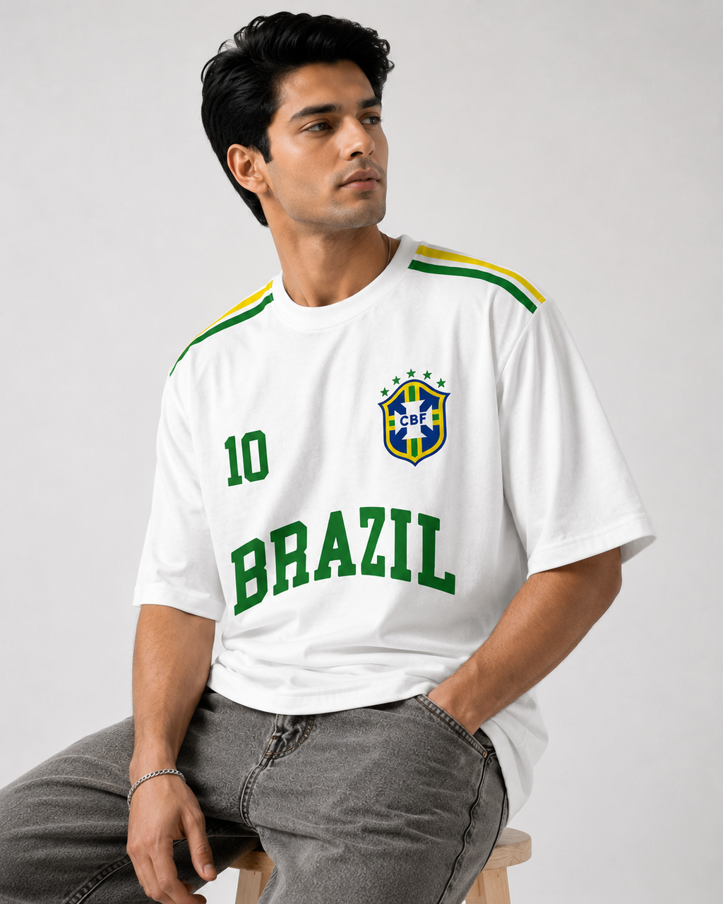 🇧🇷 BRAZIL NO. 10 OVERSIZED FOOTBALL T-SHIRT – WHITE CLASSIC EDITION