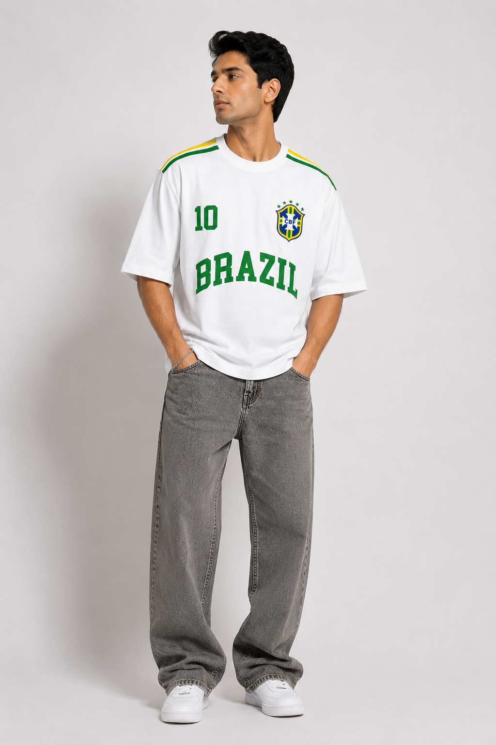 🇧🇷 BRAZIL NO. 10 OVERSIZED FOOTBALL T-SHIRT – WHITE CLASSIC EDITION
