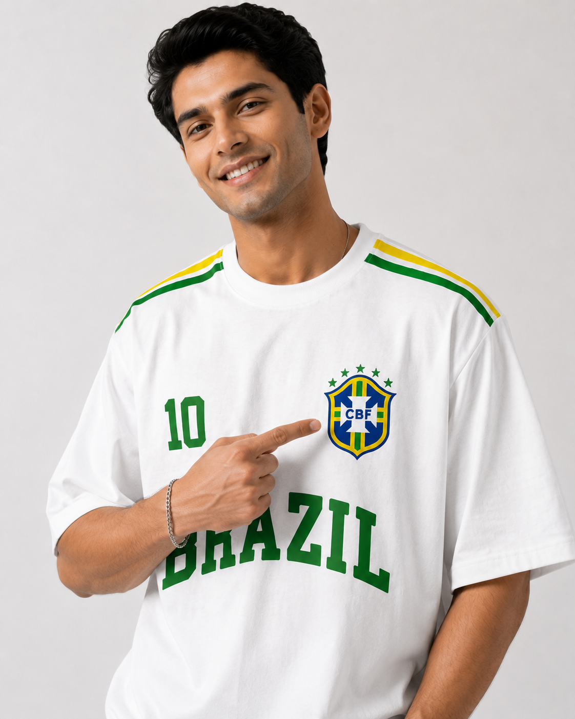 🇧🇷 BRAZIL NO. 10 OVERSIZED FOOTBALL T-SHIRT – WHITE CLASSIC EDITION